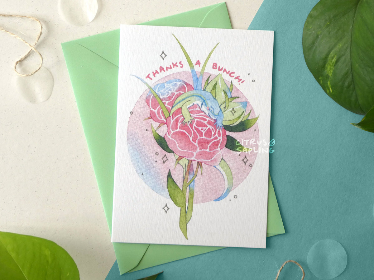 Lizard Thanks Lizard Thanks a Bunch Greetings Card – citrus sapling